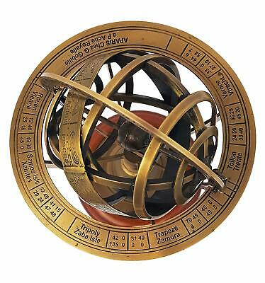 Antique Armillary Brass Desktop Globe Sphere Wooden Base Vintage Astrolabe